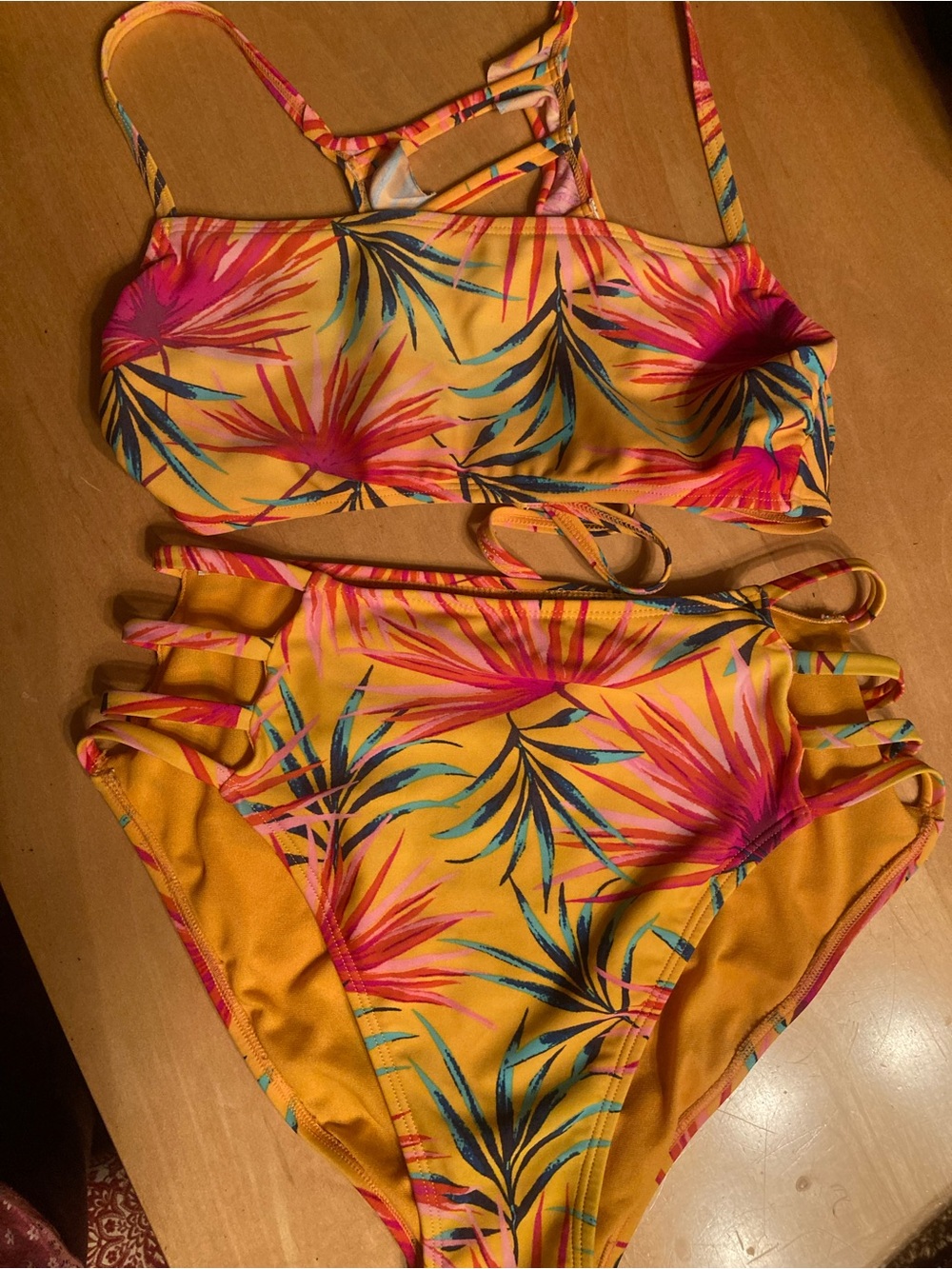Women's Yellow Tropical Print Strappy Bikini Set - size Small